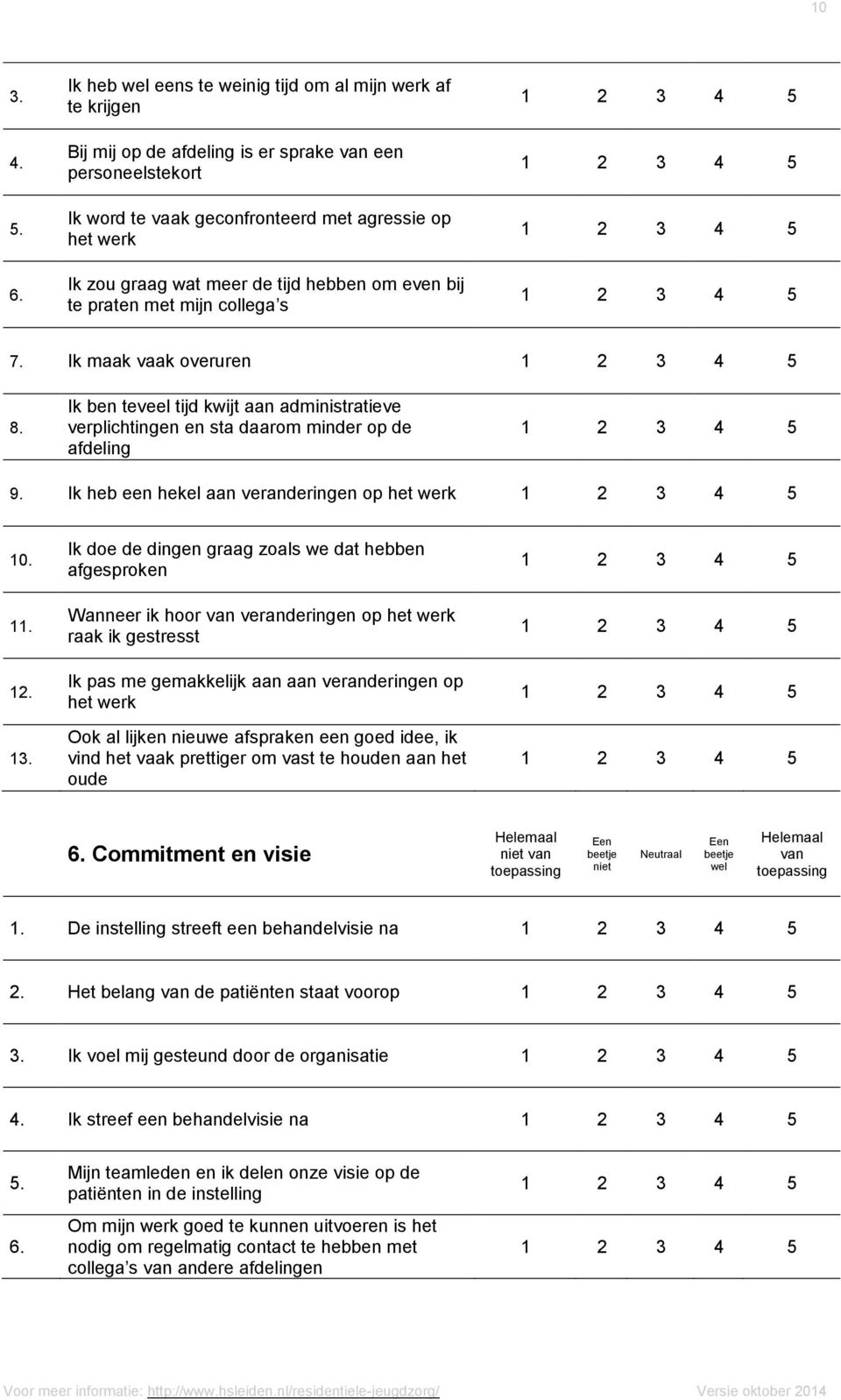 hebben om even bij te praten met mijn collega s 7. Ik maak vaak overuren 8. Ik ben teveel tijd kwijt aan administratieve verplichtingen en sta daarom minder op de afdeling 9.