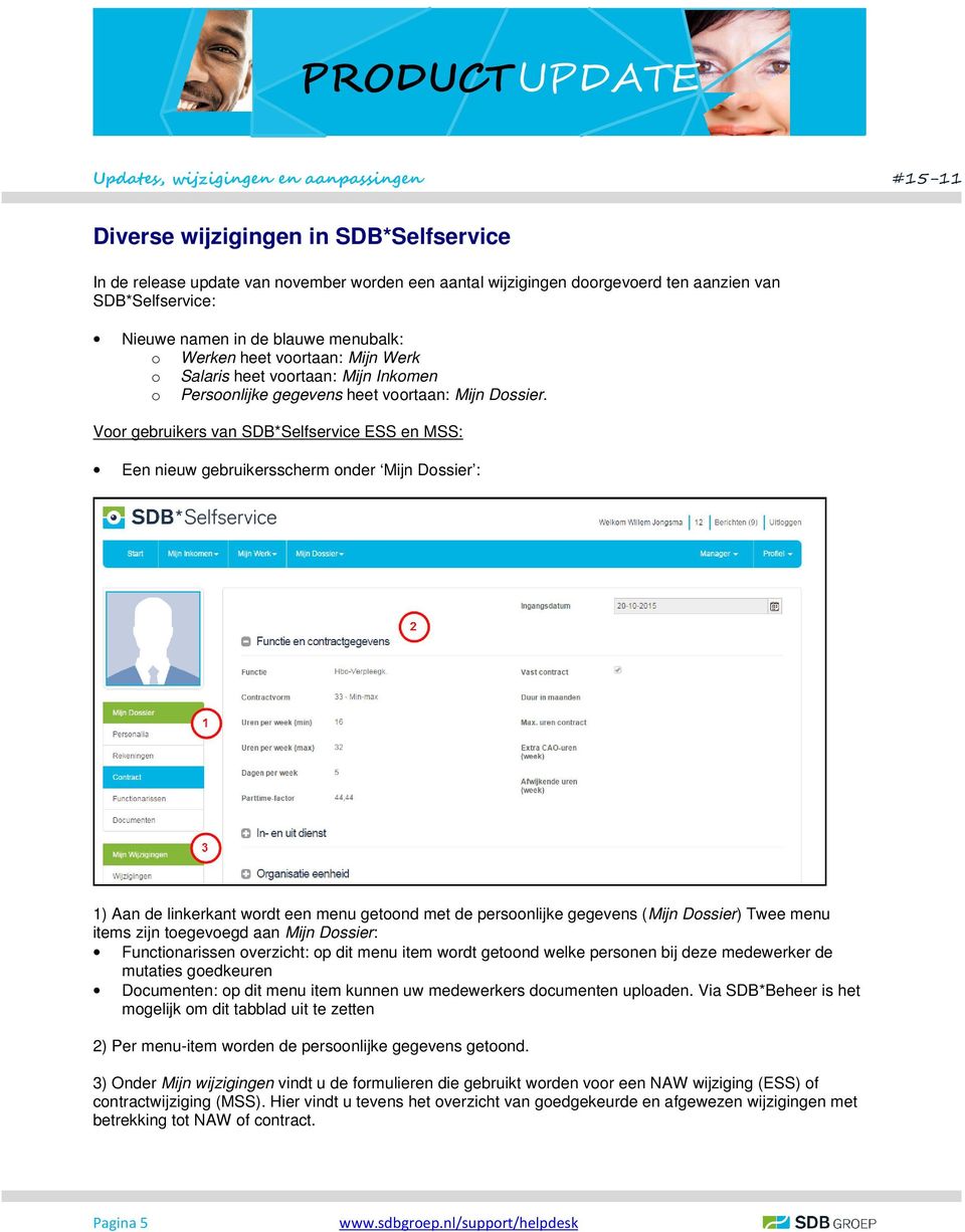 Voor gebruikers van SDB*Selfservice ESS en MSS: Een nieuw gebruikersscherm onder Mijn Dossier : 1) Aan de linkerkant wordt een menu getoond met de persoonlijke gegevens (Mijn Dossier) Twee menu items