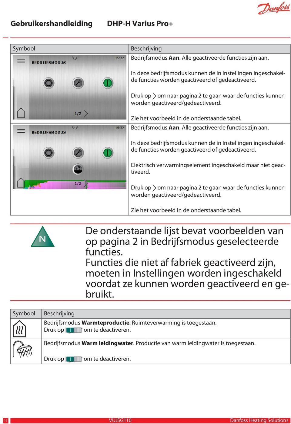 In deze bedrijfsmodus kunnen de in Instellingen ingeschakelde functies worden geactiveerd of gedeactiveerd. Elektrisch verwarmingselement ingeschakeld maar niet geactiveerd.