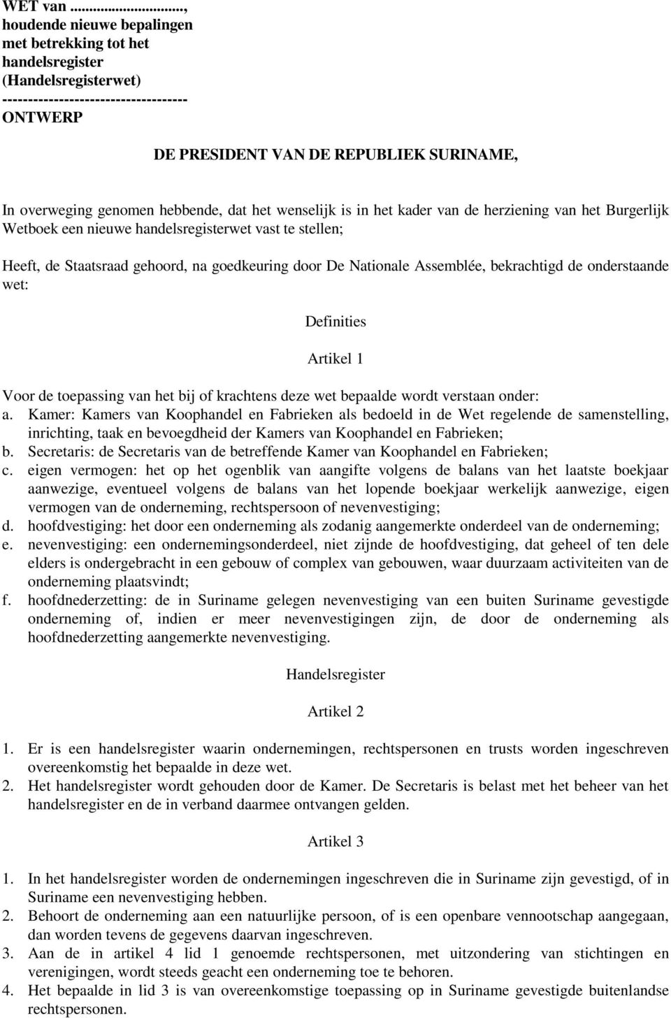 hebbende, dat het wenselijk is in het kader van de herziening van het Burgerlijk Wetboek een nieuwe handelsregisterwet vast te stellen; Heeft, de Staatsraad gehoord, na goedkeuring door De Nationale