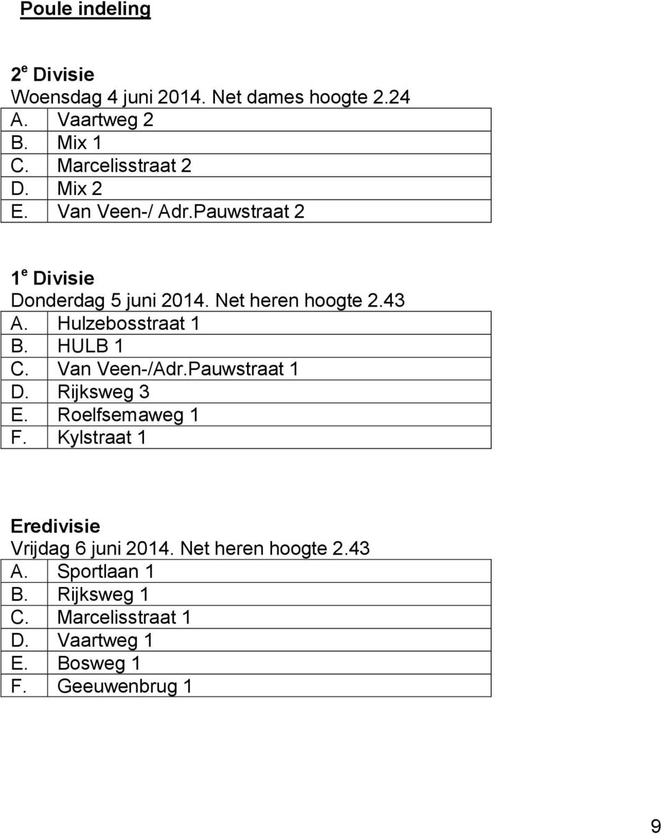 HULB 1 C. Van Veen-/Adr.Pauwstraat 1 D. Rijksweg 3 E. Roelfsemaweg 1 F. Kylstraat 1 Eredivisie Vrijdag 6 juni 2014.