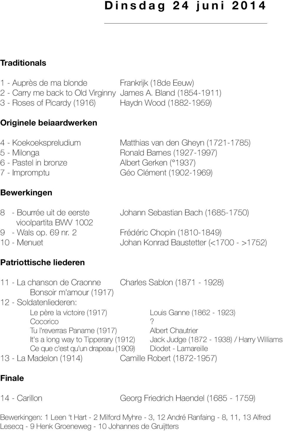 in bronze Albert Gerken ( 1937) 7 - Impromptu Géo Clément (1902-1969) Bewerkingen 8 - Bourrée uit de eerste Johann Sebastian Bach (1685-1750) vioolpartita BWV 1002 9 - Wals op. 69 nr.