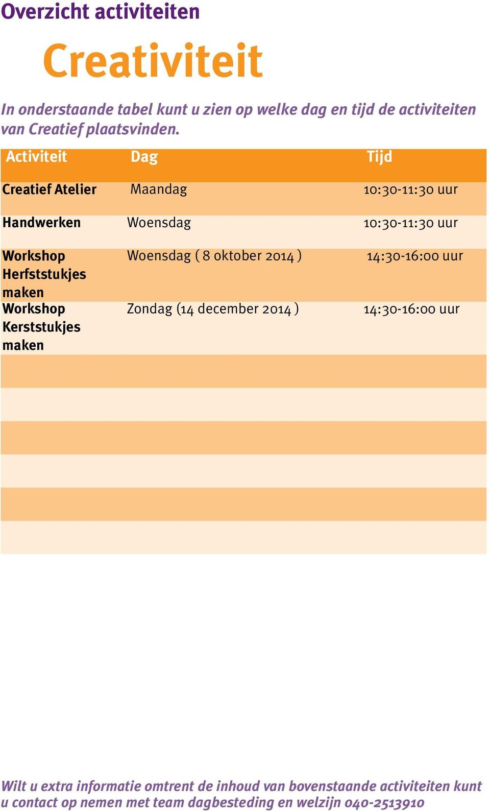 Activiteit Dag Tijd Creatief Atelier Maandag 10:30-11:30 uur Handwerken Woensdag 10:30-11:30 uur Workshop Herfststukjes maken