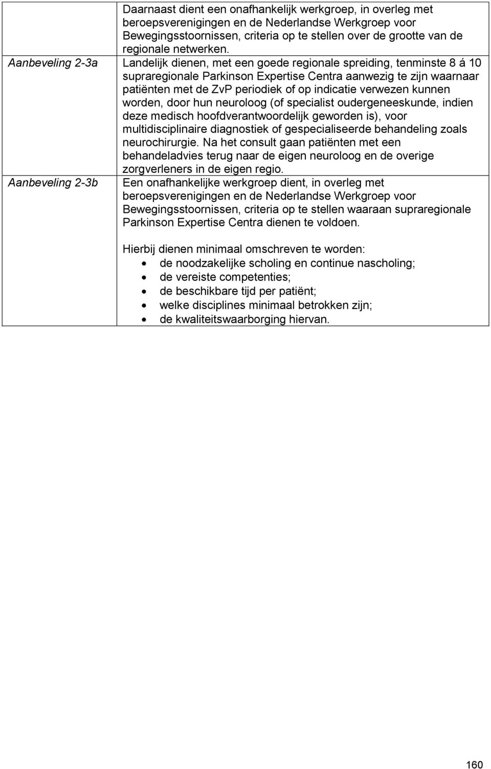 Aanbeveling 2-3a Landelijk dienen, met een goede regionale spreiding, tenminste 8 á 10 supraregionale Parkinson Expertise Centra aanwezig te zijn waarnaar patiënten met de ZvP periodiek of op