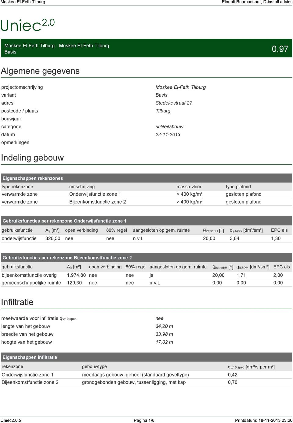 verwarmde zone Onderwijsfunctie zone 1 > 400 kg/m² gesloten plafond verwarmde zone Bijeenkomstfunctie zone 2 > 400 kg/m² gesloten plafond Gebruiksfuncties per rekenzone Onderwijsfunctie zone 1