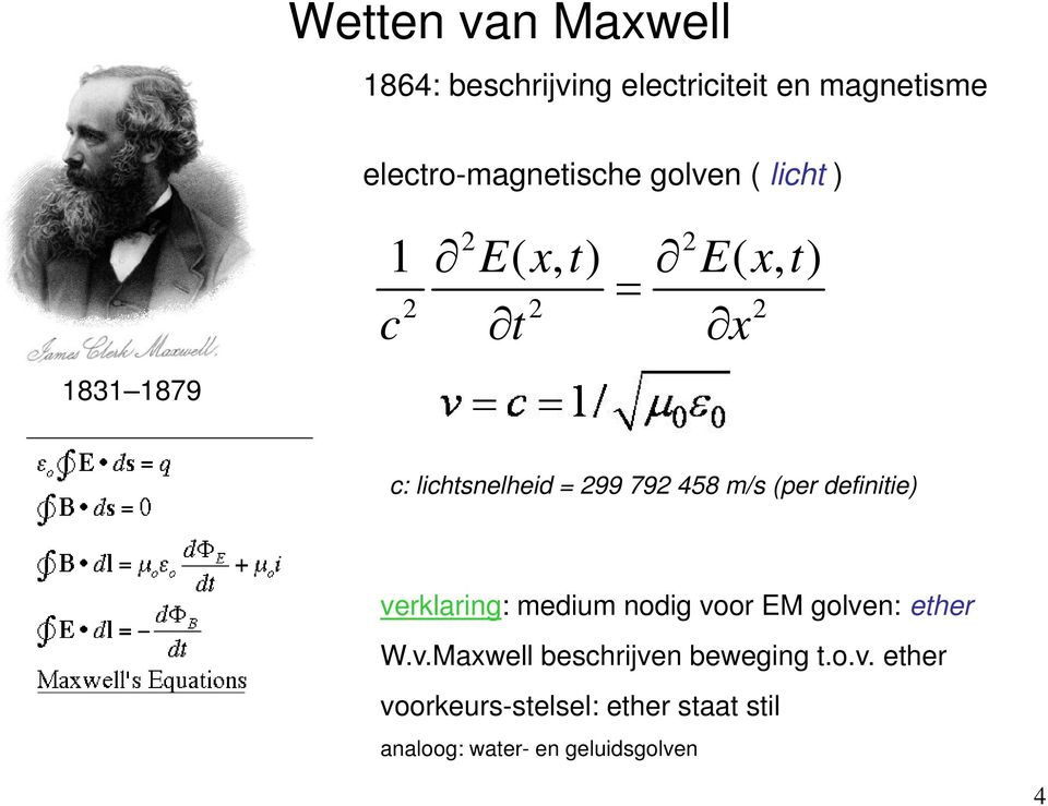 m/s (per definitie) verklaring: medium nodig voor EM golven: ether W.v.Maxwell beschrijven beweging t.