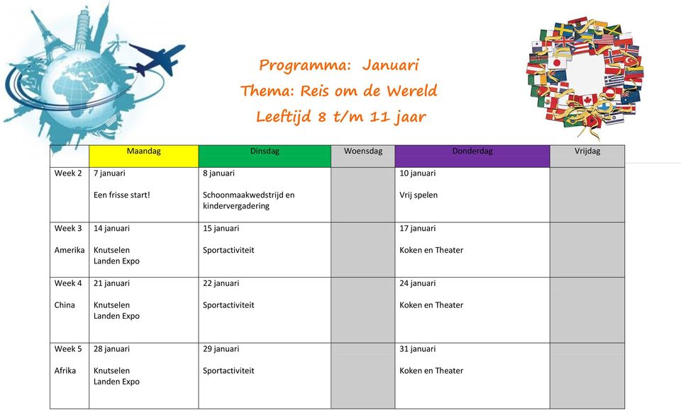 Schoonmaakwedstrijd en kindervergadering Vrij spelen Week 3 14 januari 15 januari 17