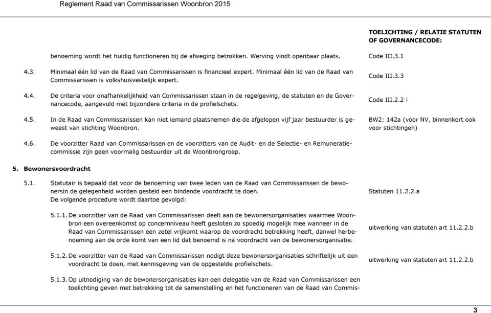 4. De criteria voor onafhankelijkheid van Commissarissen staan in de regelgeving, de statuten en de Governancecode, aangevuld met bijzondere criteria in de profielschets. 4.5.