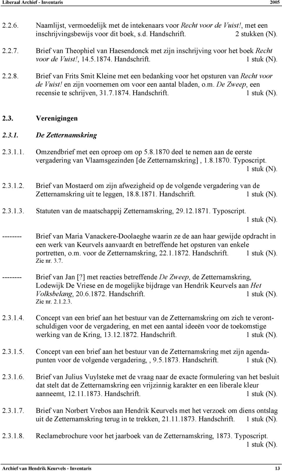 en zijn voornemen om voor een aantal bladen, o.m. De Zweep, een recensie te schrijven, 31.7.1874. 2.3. Verenigingen 2.3.1. De Zetternamskring 2.3.1.1. Omzendbrief met een oproep om op 5.8.1870 deel te nemen aan de eerste vergadering van Vlaamsgezinden [de Zetternamskring], 1.