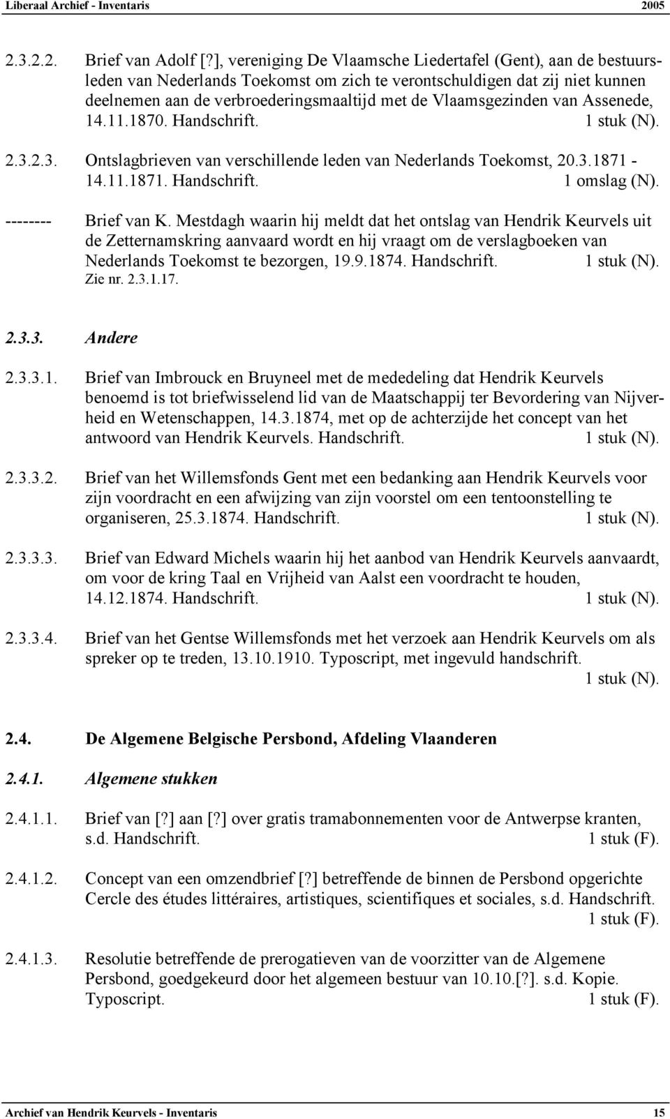 Vlaamsgezinden van Assenede, 14.11.1870. 2.3.2.3. Ontslagbrieven van verschillende leden van Nederlands Toekomst, 20.3.1871-14.11.1871. 1 omslag (N). -------- Brief van K.