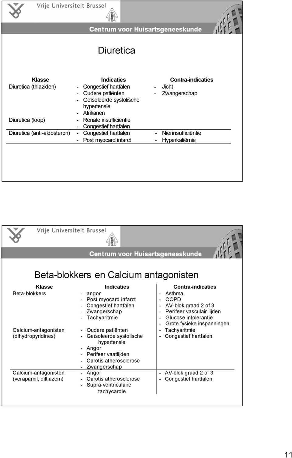 Beta-blokkers en Calcium antagonisten Klasse Indicaties Contra-indicaties Beta-blokkers - angor - Post myocard infarct - Congestief hartfalen - Zwangerschap - Tachyaritmie - Asthma - COPD - AV-blok