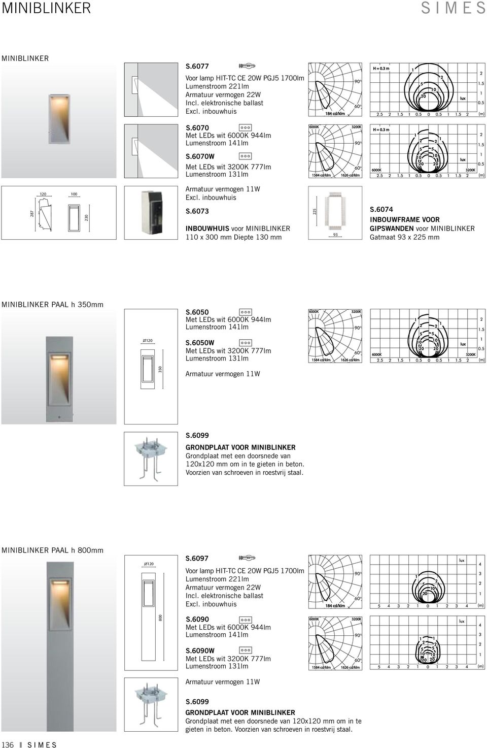 6074 INBOUWFRAME VOOR GIPSWANDEN voor MINIBLINKER Gatmaat 93 x 225 mm MINIBLINKER PAAL h 350mm S.6050 Met LEDs wit 944lm Lumenstroom 141lm 120 S.