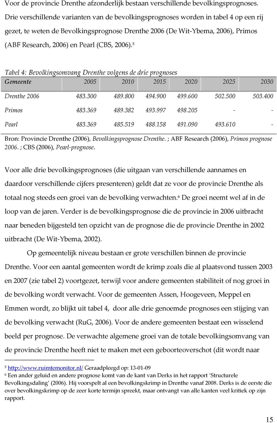 (CBS, 2006). 5 Tabel 4: Bevolkingsomvang Drenthe volgens de drie prognoses Gemeente 2005 2010 2015 2020 2025 2030 Drenthe 2006 483.300 489.800 494.900 499.600 502.500 503.400 Primos 483.369 489.
