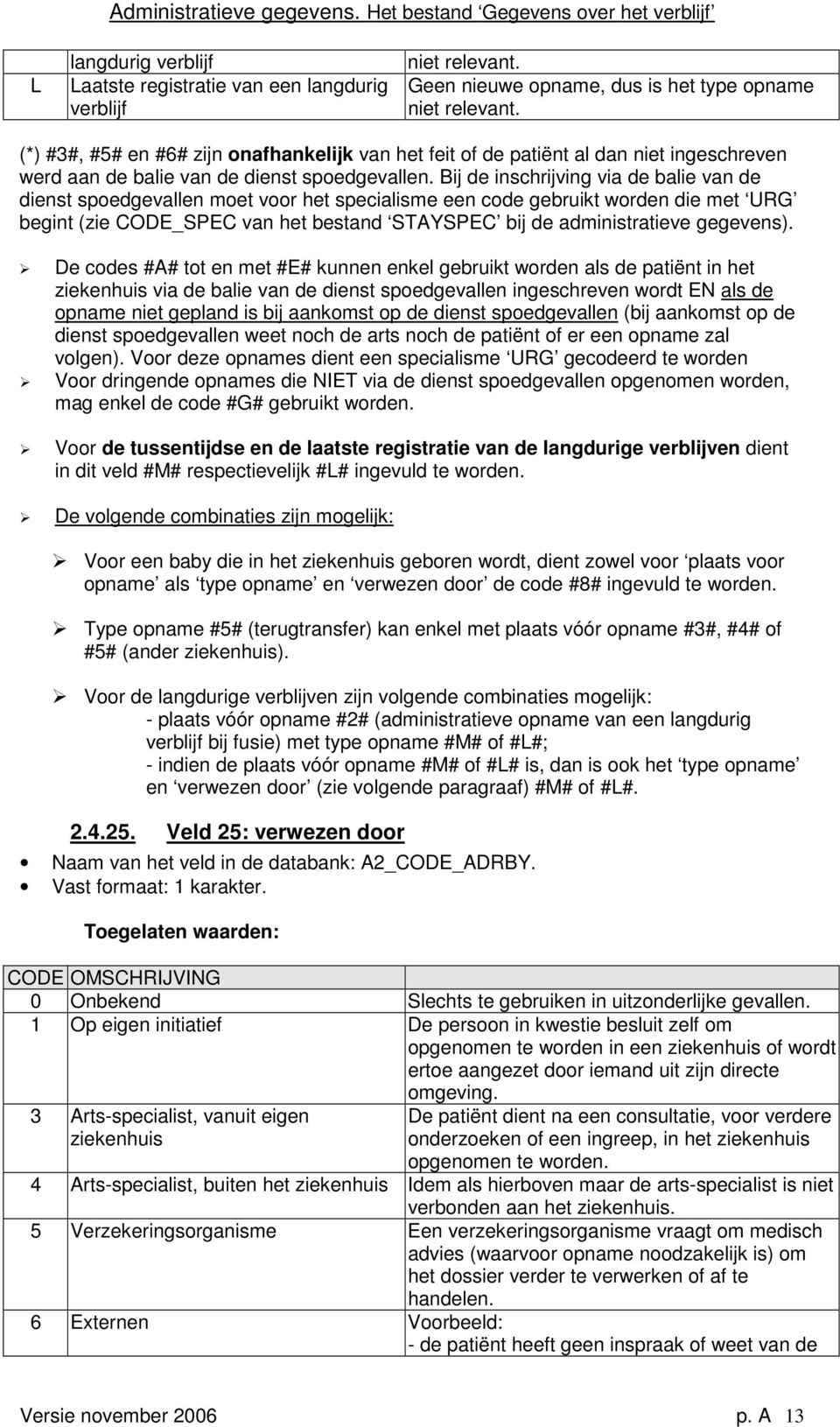 Bij de inschrijving via de balie van de dienst spoedgevallen moet voor het specialisme een code gebruikt worden die met URG begint (zie CODE_SPEC van het bestand STAYSPEC bij de administratieve