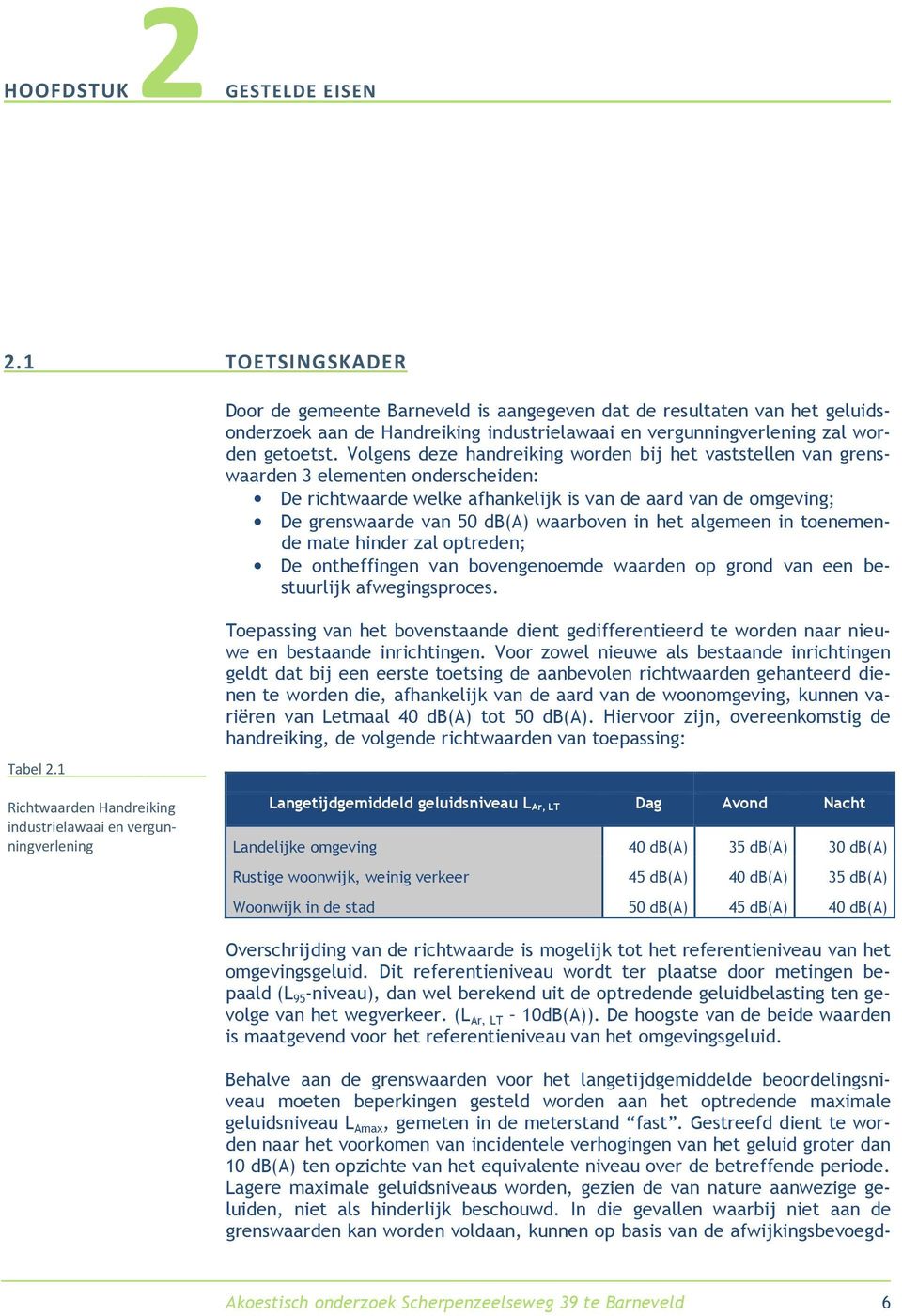 Volgens deze handreiking worden bij het vaststellen van grenswaarden 3 elementen onderscheiden: De richtwaarde welke afhankelijk is van de aard van de omgeving; De grenswaarde van 50 db(a) waarboven