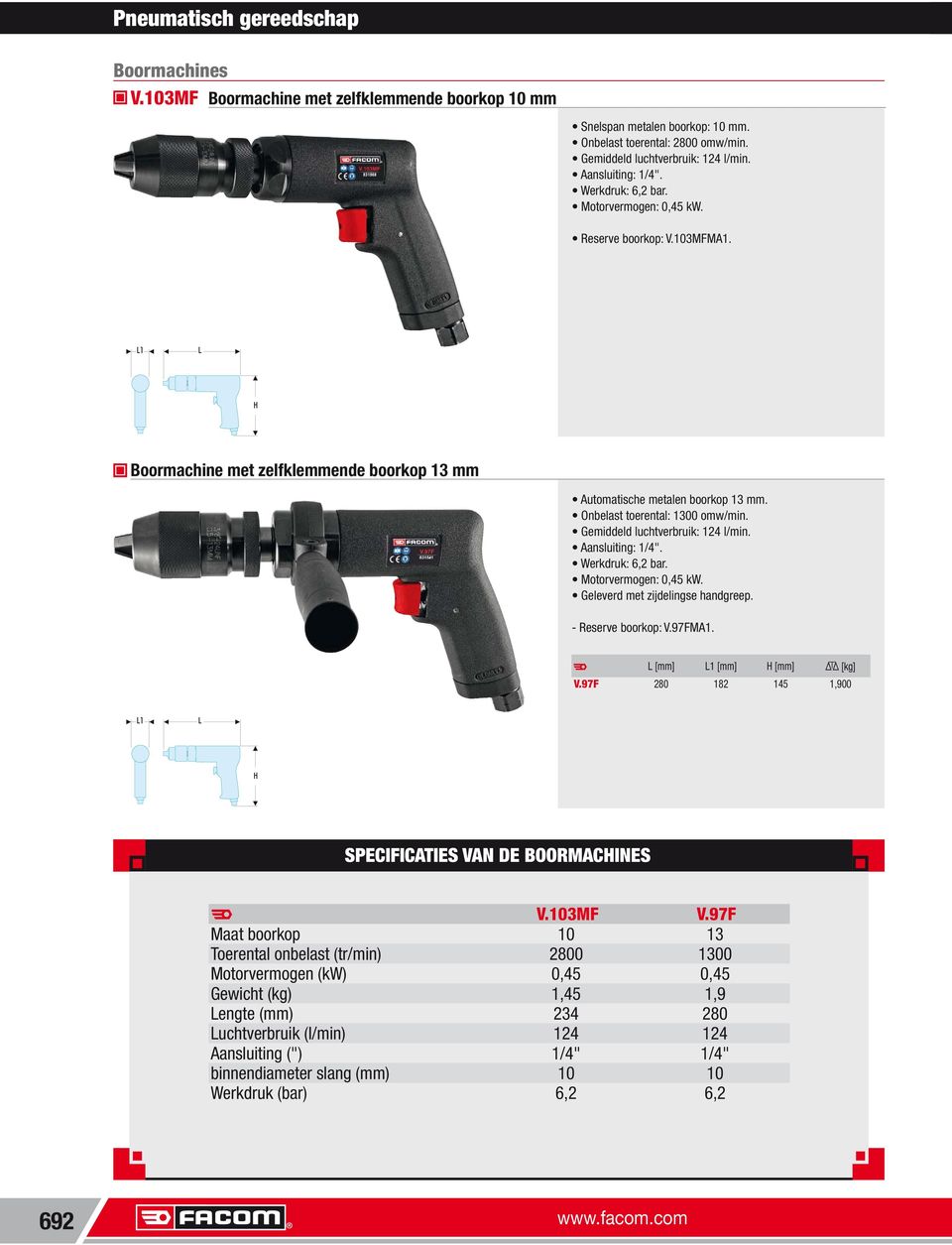 [kg] V.97F SPECIFICATIES VAN DE BOORMACHINES F V.103MF V.