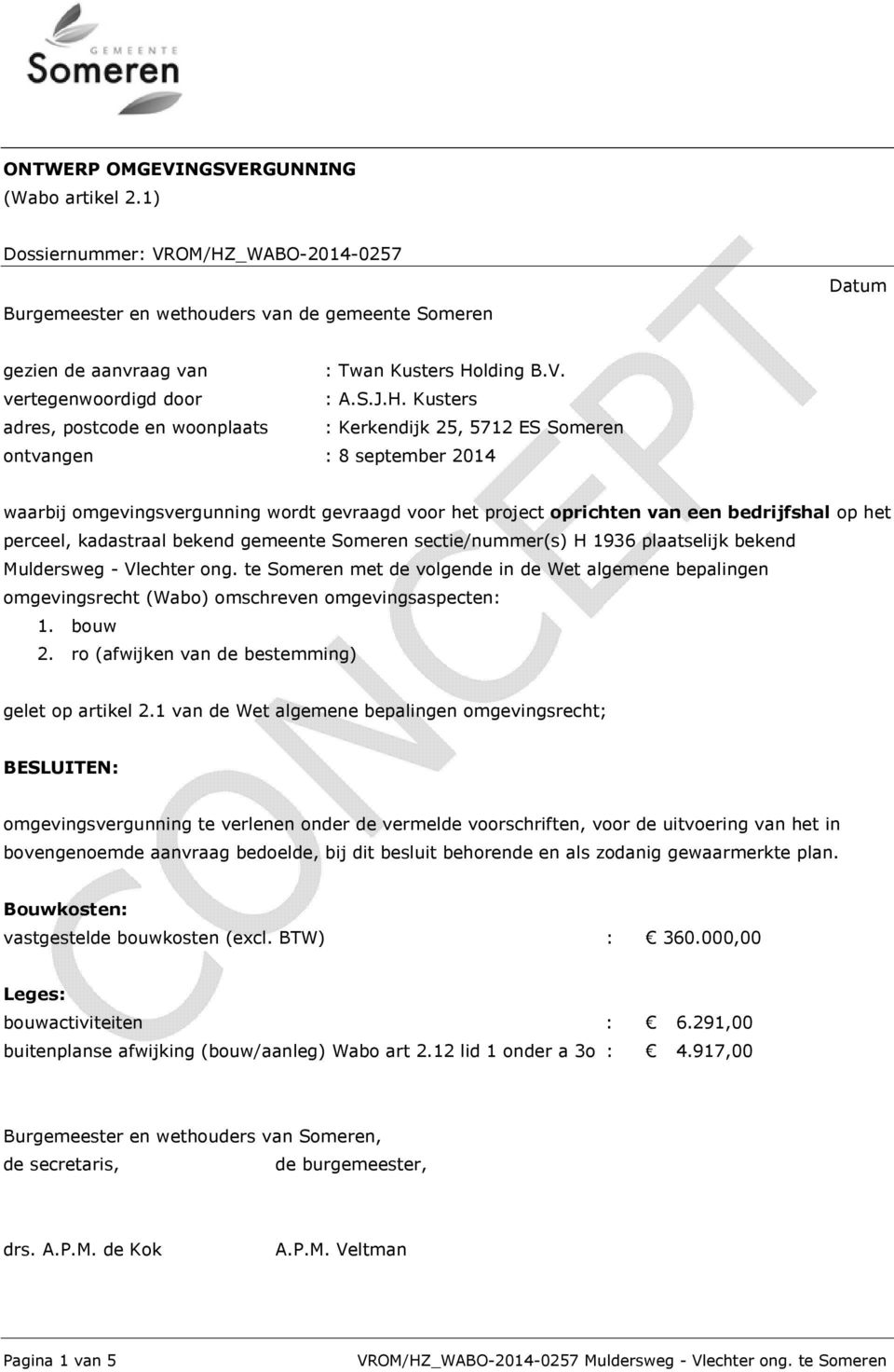 Kusters adres, postcode en woonplaats : Kerkendijk 25, 5712 ES Someren ontvangen : 8 september 2014 waarbij omgevingsvergunning wordt gevraagd voor het project oprichten van een bedrijfshal op het