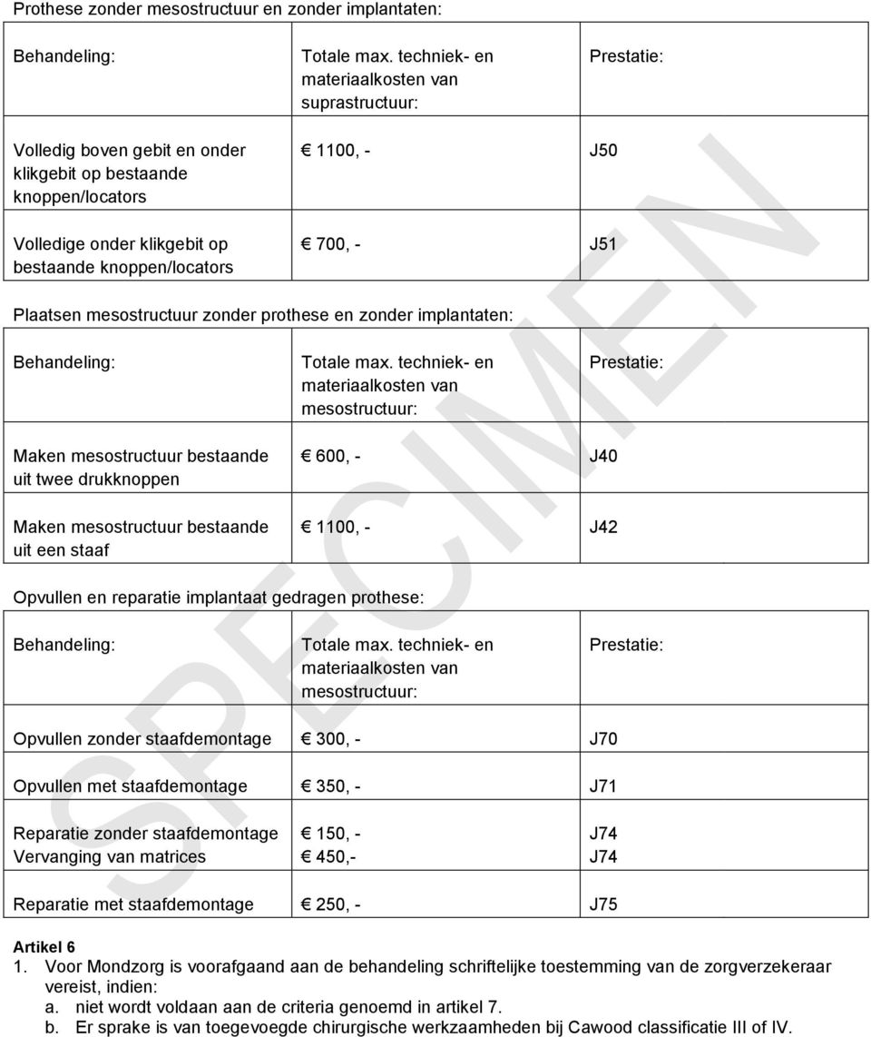 - 1100, - Opvullen en reparatie implantaat gedragen prothese: mesostructuur: Opvullen zonder staafdemontage 300, - J70 Opvullen met staafdemontage 350, - J71 Reparatie zonder staafdemontage