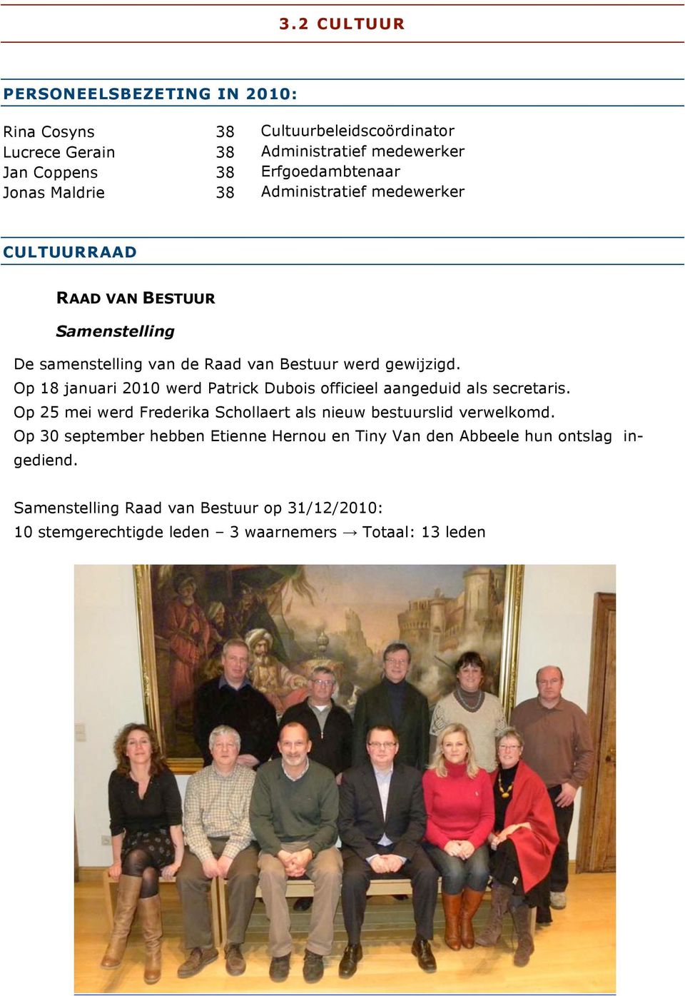 Op 18 januari 2010 werd Patrick Dubois officieel aangeduid als secretaris. Op 25 mei werd Frederika Schollaert als nieuw bestuurslid verwelkomd.