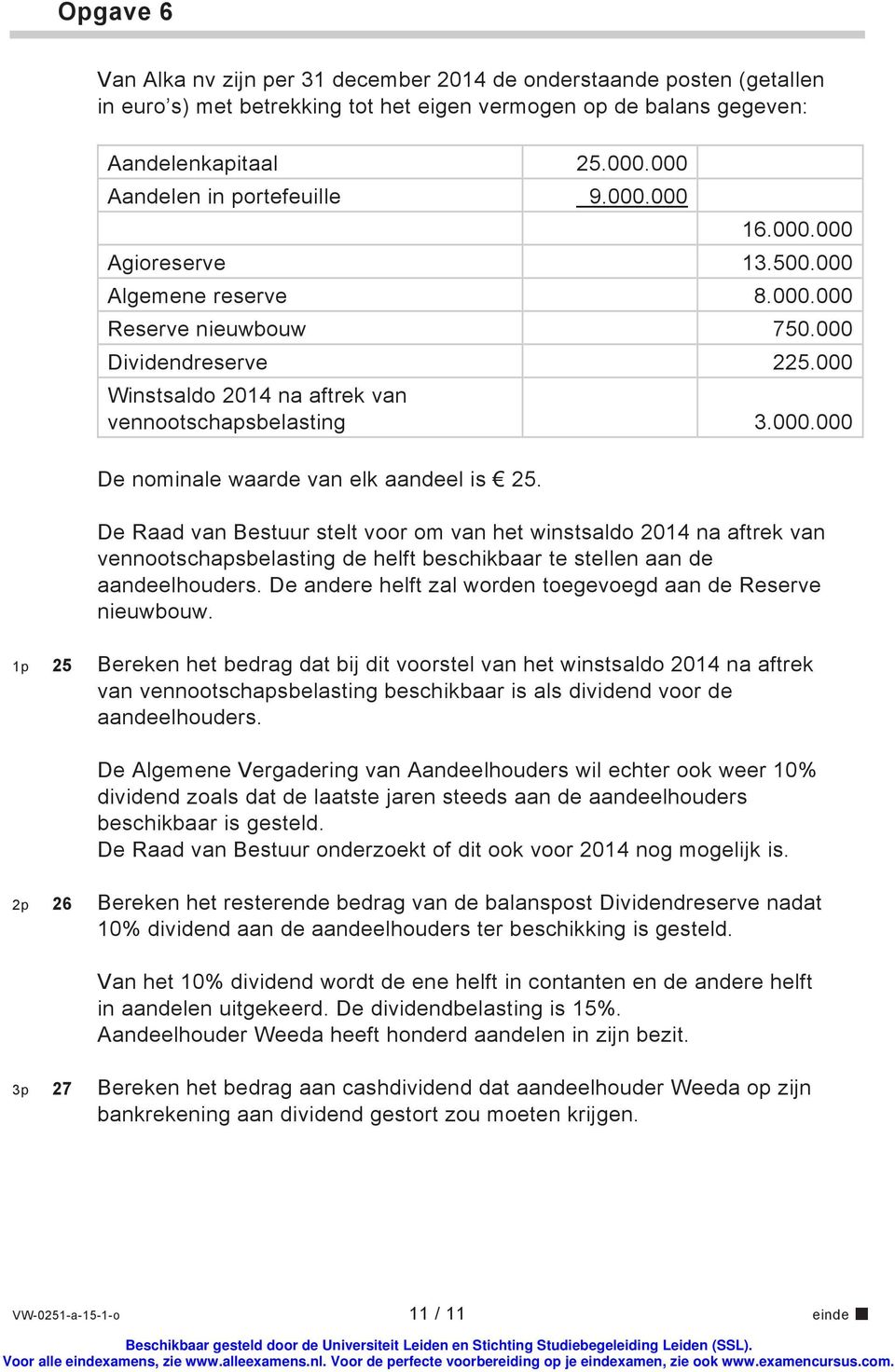 000 Winstsaldo 2014 na aftrek van vennootschapsbelasting 3.000.000 De nominale waarde van elk aandeel is 25.