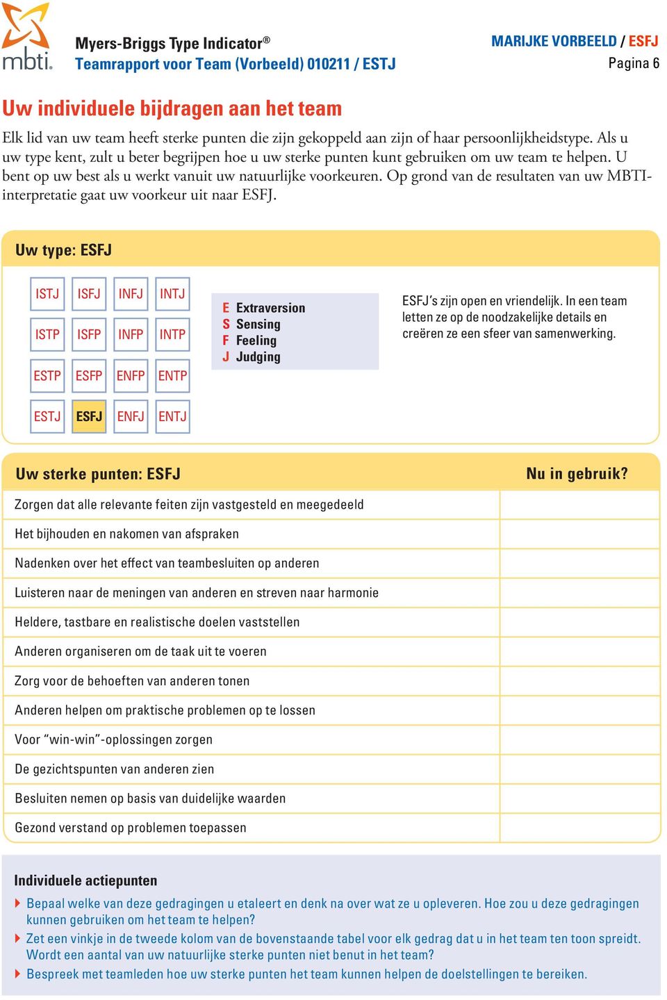 Op grond van de resultaten van uw MBTIinterpretatie gaat uw voorkeur uit naar ESFJ.