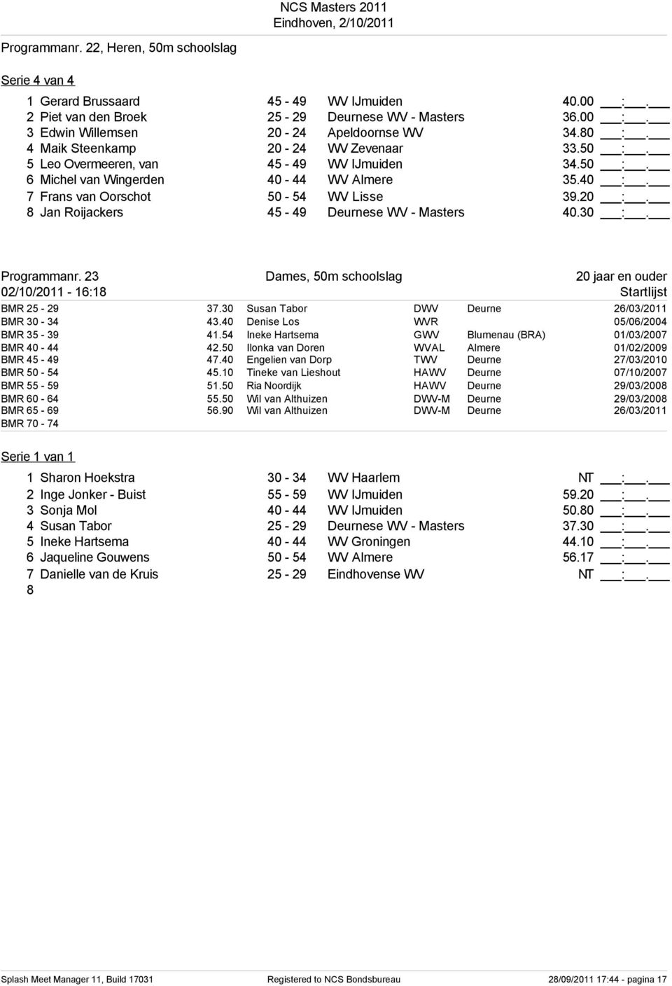 30 :. Programmanr. 3 Dames, 50m schoolslag 0 jaar en ouder 0/0/0 - : Startlijst BMR 5-9 3.30 Susan Tabor DWV Deurne /03/0 BMR 30-34 43.40 Denise Los WVR 05/0/004 BMR 35-39 4.