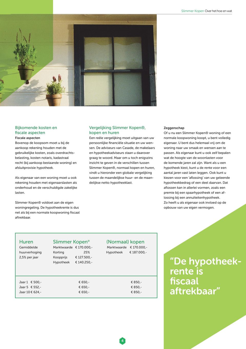 Als eigenaar van een woning moet u ook rekening houden met eigenaarslasten als onderhoud en de verschuldigde zakelijke lasten. Slimmer Kopen voldoet aan de eigen woning regeling.