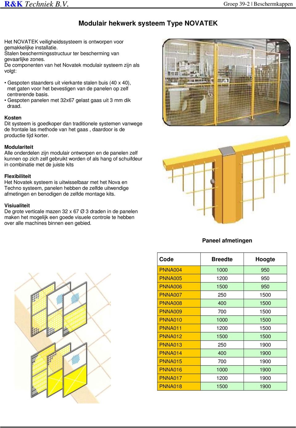 De componenten van het Novatek modulair systeem zijn als volgt: Gespoten staanders uit vierkante stalen buis (40 x 40), met gaten voor het bevestigen van de panelen op zelf centrerende basis.