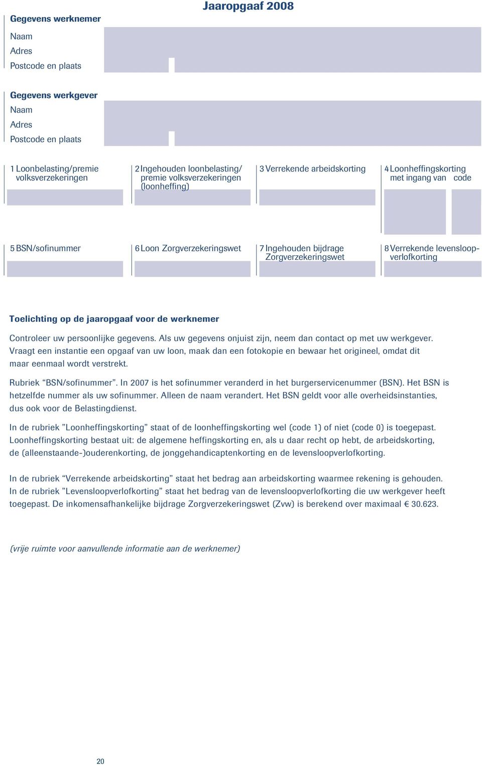 Zorgverzekeringswet verlofkorting Toelichting op de jaaropgaaf voor de werknemer Controleer uw persoonlijke gegevens. Als uw gegevens onjuist zijn, neem dan contact op met uw werkgever.