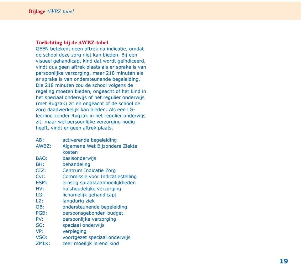 Die 218 minuten zou de school volgens de regeling moeten bieden, ongeacht of het kind in het speciaal onderwijs of het regulier onderwijs (met Rugzak) zit en ongeacht of de school de zorg