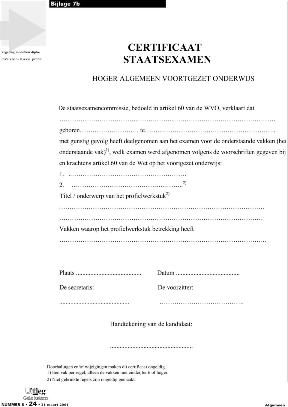 van de Wet op het voortgezet onderwijs: 1... 2... 2) Titel / onderwerp van het profielwerkstuk 2). Vakken waarop het profielwerkstuk betrekking heeft.. Plaats... Datum... De secretaris: De voorzitter:.