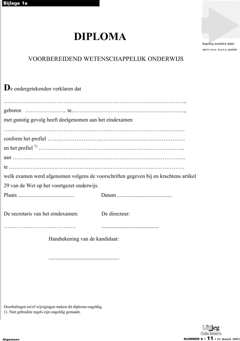 welk examen werd afgenomen volgens de voorschriften gegeven bij en krachtens artikel 29 van de Wet op het voortgezet onderwijs. Plaats... Datum.