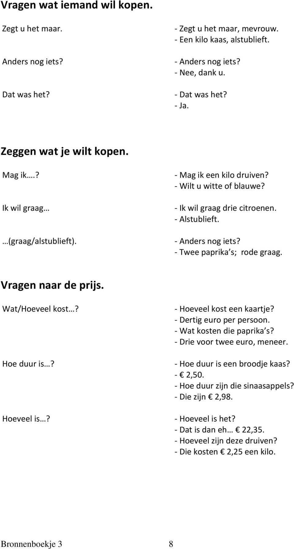 Vragen naar de prijs. Wat/Hoeveel kost? Hoe duur is? Hoeveel is? - Hoeveel kost een kaartje? - Dertig euro per persoon. - Wat kosten die paprika s? - Drie voor twee euro, meneer.