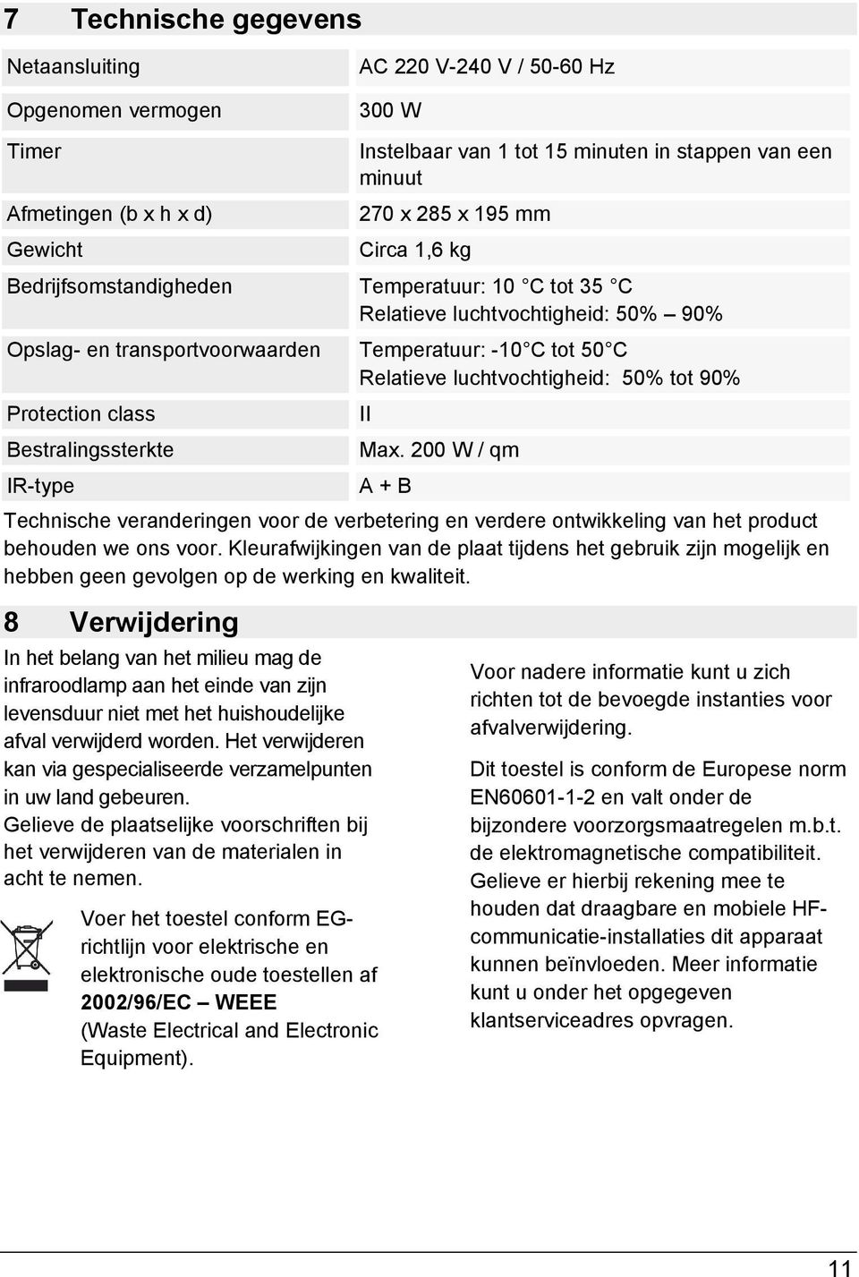 90% Protection class Bestralingssterkte IR-type II Max. 200 W / qm A + B Technische veranderingen voor de verbetering en verdere ontwikkeling van het product behouden we ons voor.