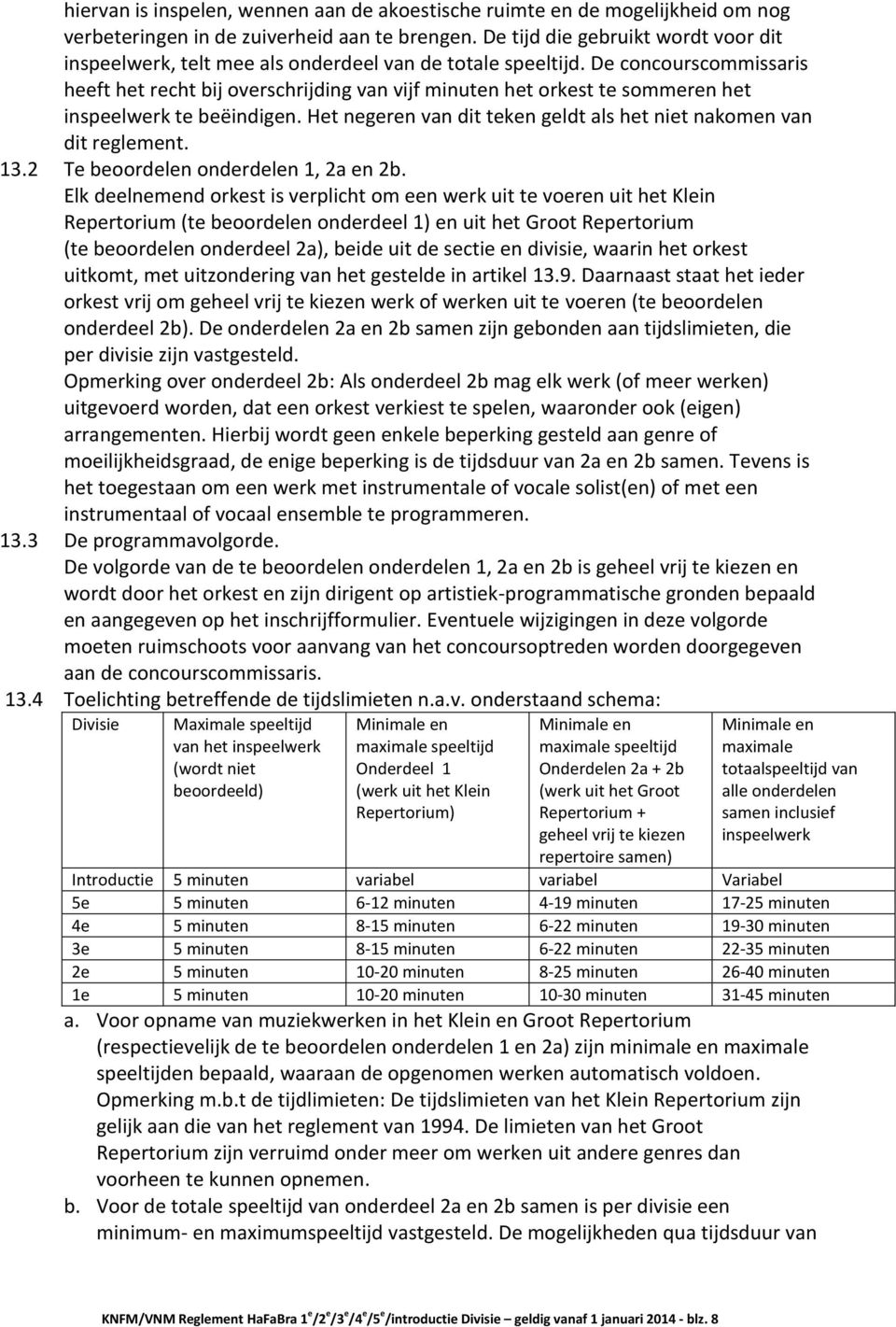 De concourscommissaris heeft het recht bij overschrijding van vijf minuten het orkest te sommeren het inspeelwerk te beëindigen. Het negeren van dit teken geldt als het niet nakomen van dit reglement.