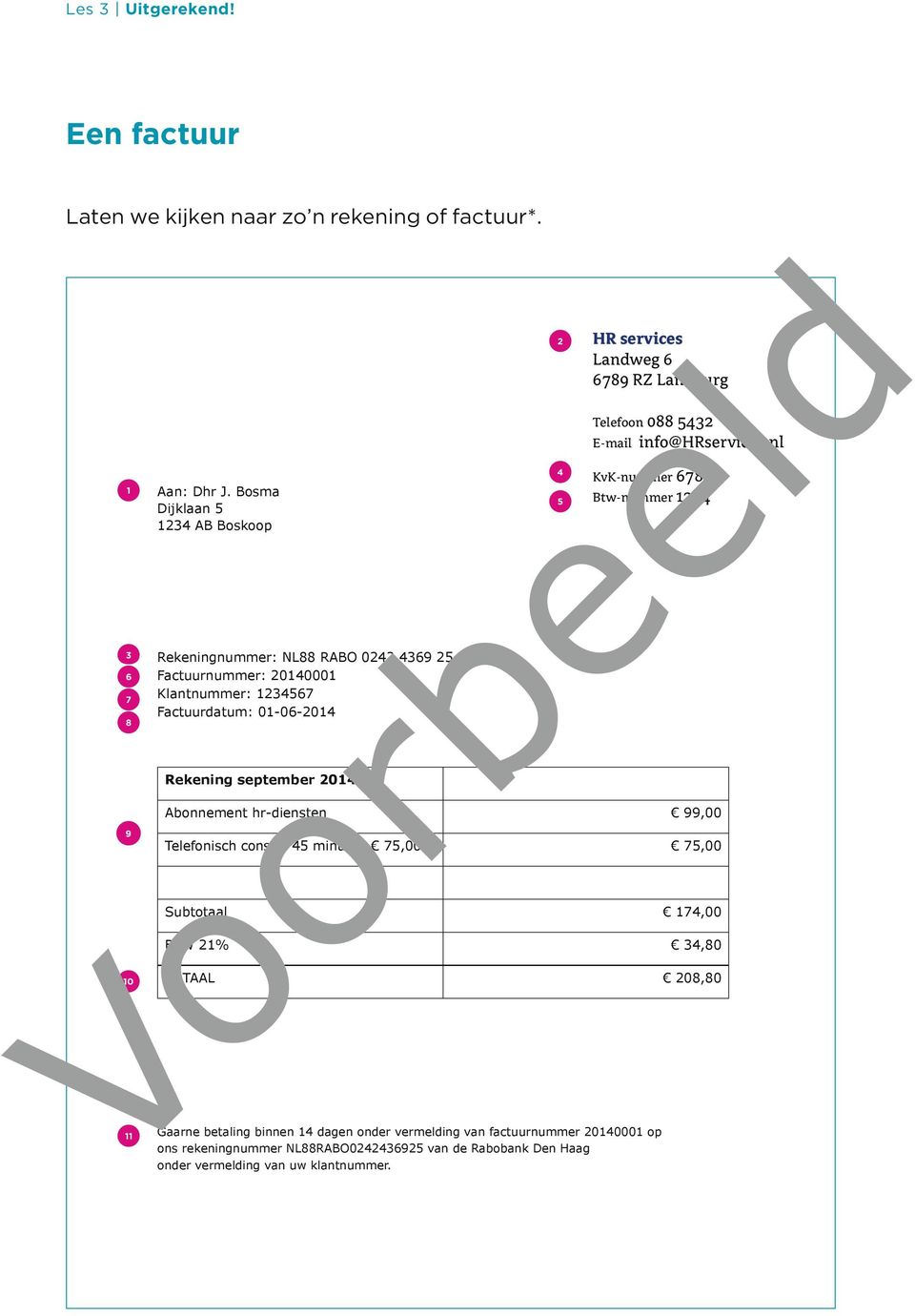 services Landweg 6 6789 RZ Landburg Abonnement hr-diensten 99,00 Telefonisch consult 45 minuten 75,00 75,00 Subtotaal 174,00 BTW 21% 34,80 TOTAAL 208,80 Gaarne betaling