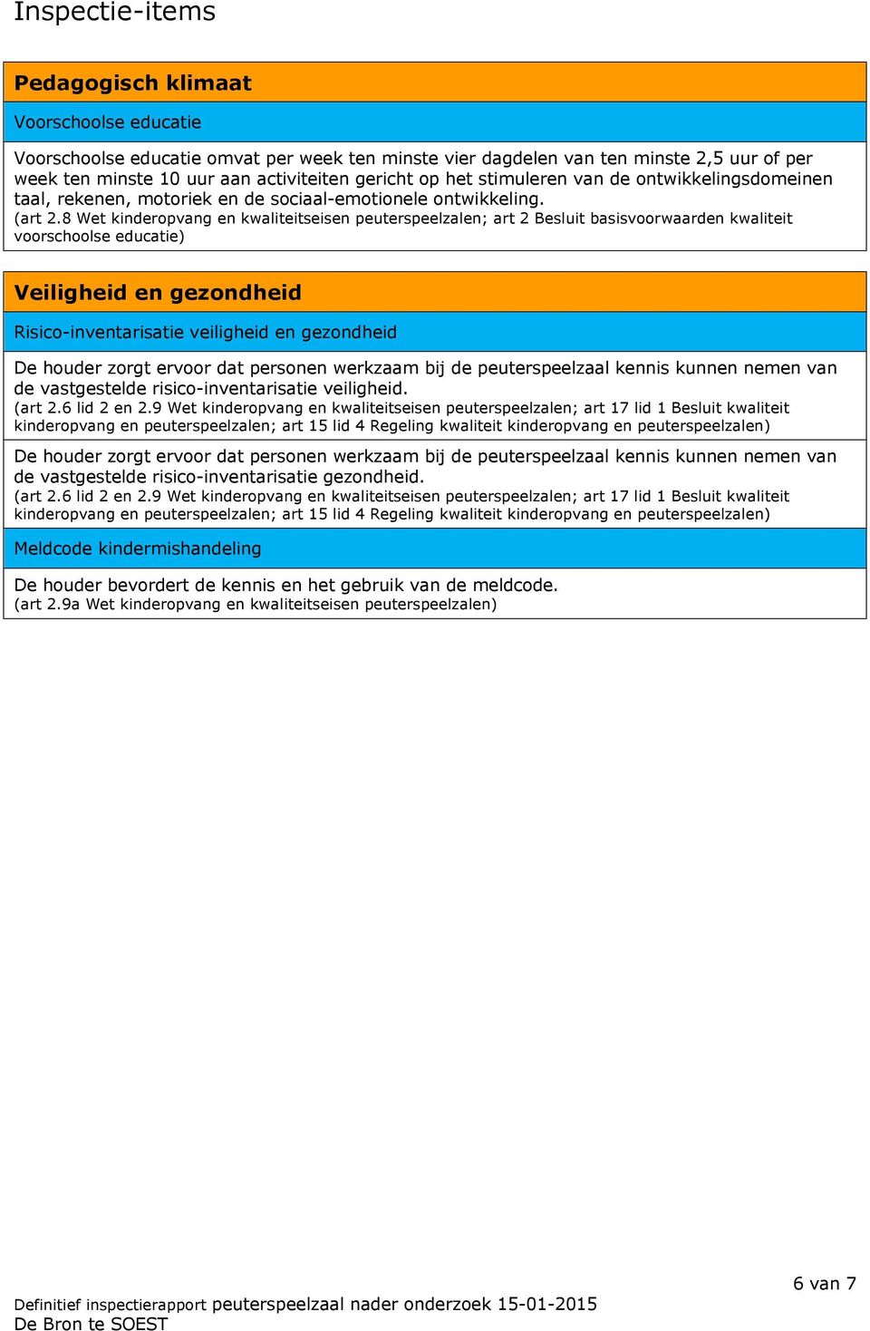 8 Wet kinderopvang en kwaliteitseisen peuterspeelzalen; art 2 Besluit basisvoorwaarden kwaliteit voorschoolse educatie) Veiligheid en gezondheid Risico-inventarisatie veiligheid en gezondheid De