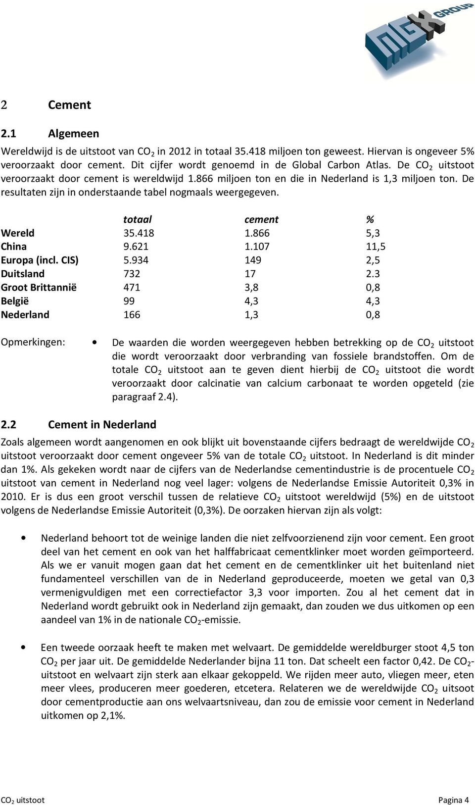 De resultaten zijn in onderstaande tabel nogmaals weergegeven. totaal cement % Wereld 35.418 1.866 5,3 China 9.621 1.107 11,5 Europa (incl. CIS) 5.934 149 2,5 Duitsland 732 17 2.