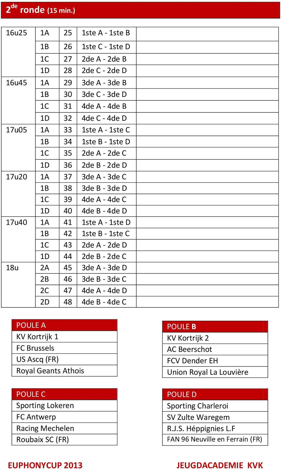 1ste C 1B 34 1ste B - 1ste D 1C 35 2de A - 2de C 1D 36 2de B - 2de D 17u20 1A 37 3de A - 3de C 1B 38 3de B - 3de D 1C 39 4de A - 4de C 1D 40 4de B - 4de D 17u40 1A 41 1ste A - 1ste D 1B 42 1ste B -