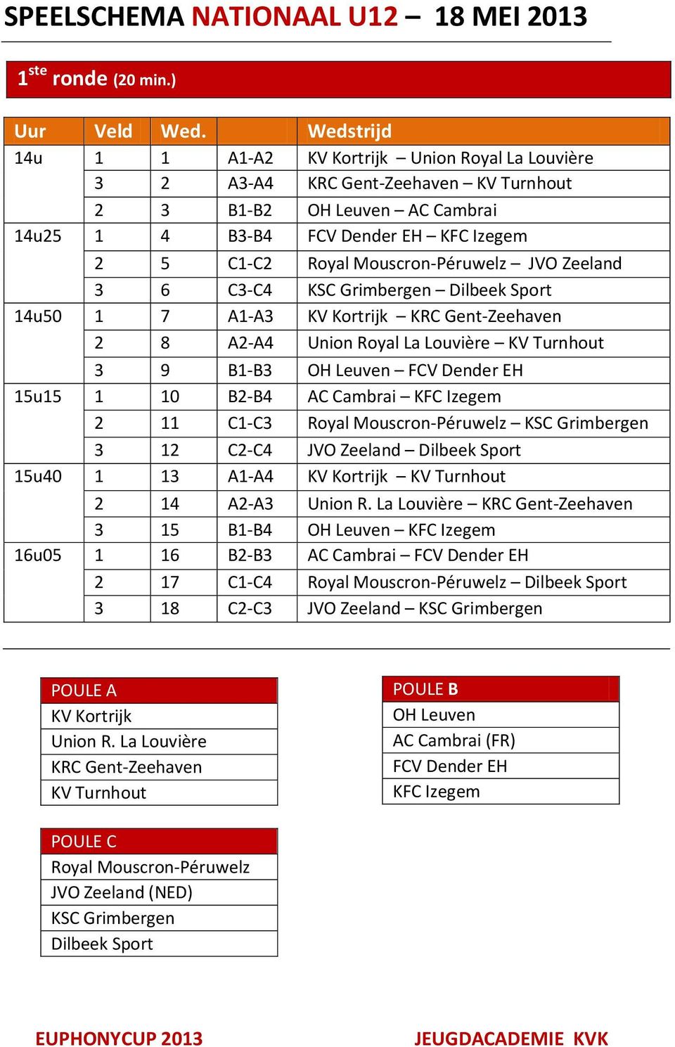 Mouscron-Péruwelz JVO Zeeland 3 6 C3-C4 KSC Grimbergen Dilbeek Sport 14u50 1 7 A1-A3 KV Kortrijk KRC Gent-Zeehaven 2 8 A2-A4 Union Royal La Louvière KV Turnhout 3 9 B1-B3 OH Leuven FCV Dender EH