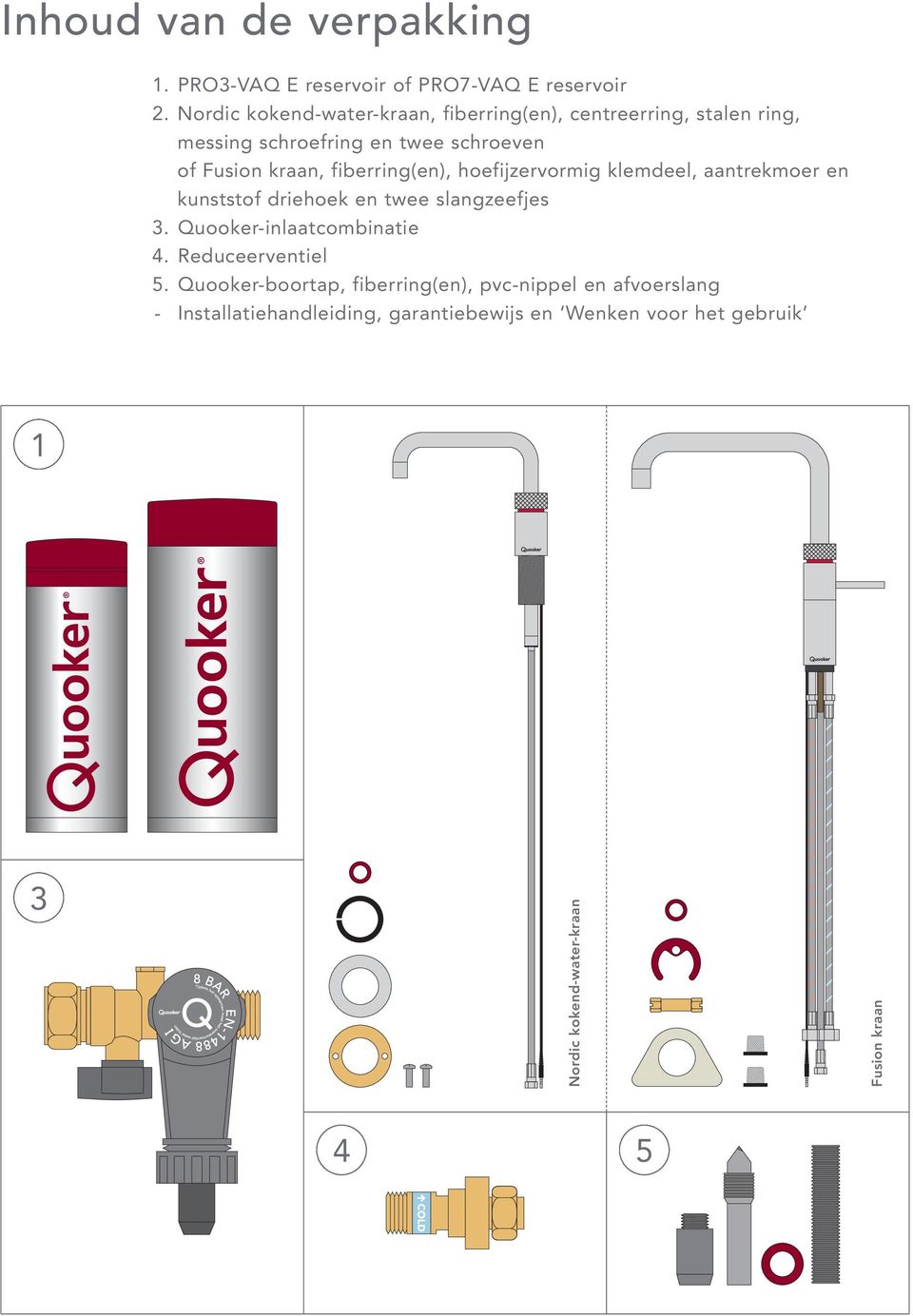 fiberring(en), hoefijzervormig klemdeel, aantrekmoer en kunststof driehoek en twee slangzeefjes 3. Quooker-inlaatcombinatie 4.