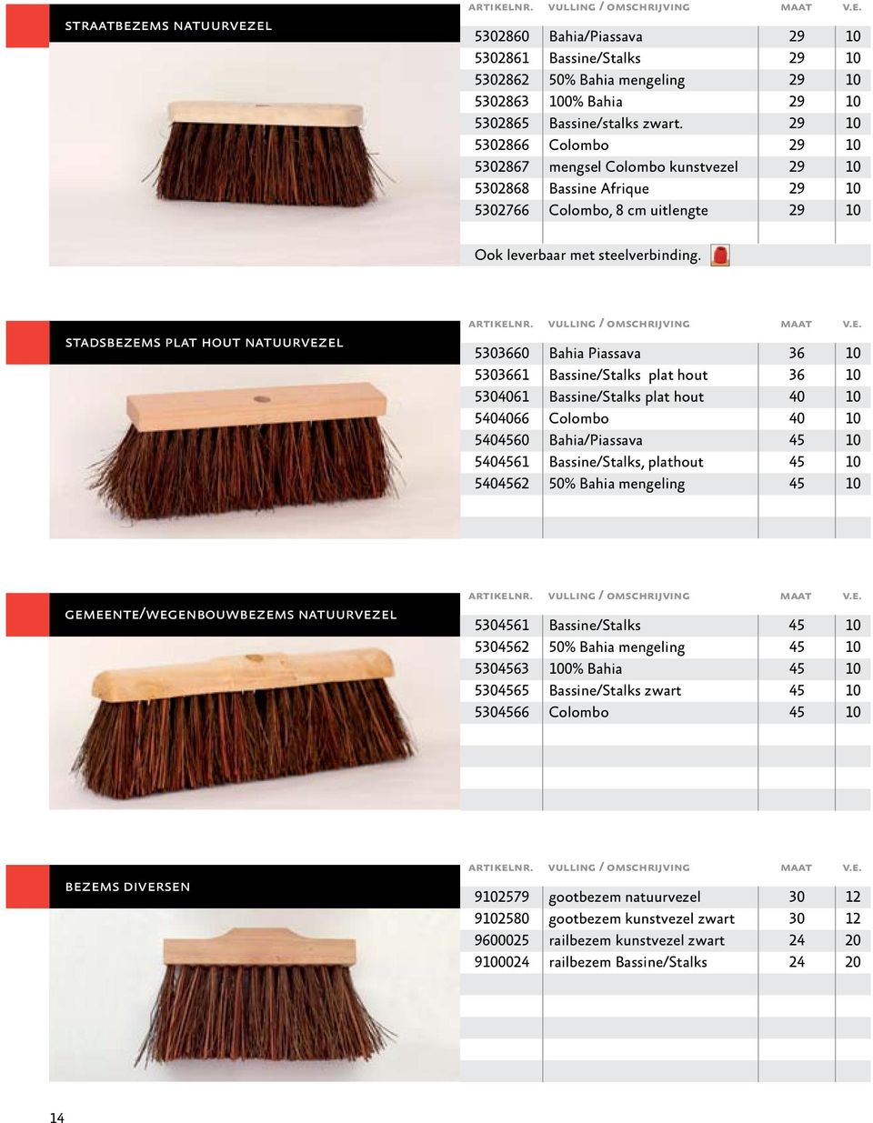 stadsbezems plat hout natuurvezel 5303660 Bahia Piassava 36 10 5303661 Bassine/Stalks plat hout 36 10 5304061 Bassine/Stalks plat hout 40 10 5404066 Colombo 40 10 5404560 Bahia/Piassava 45 10 5404561