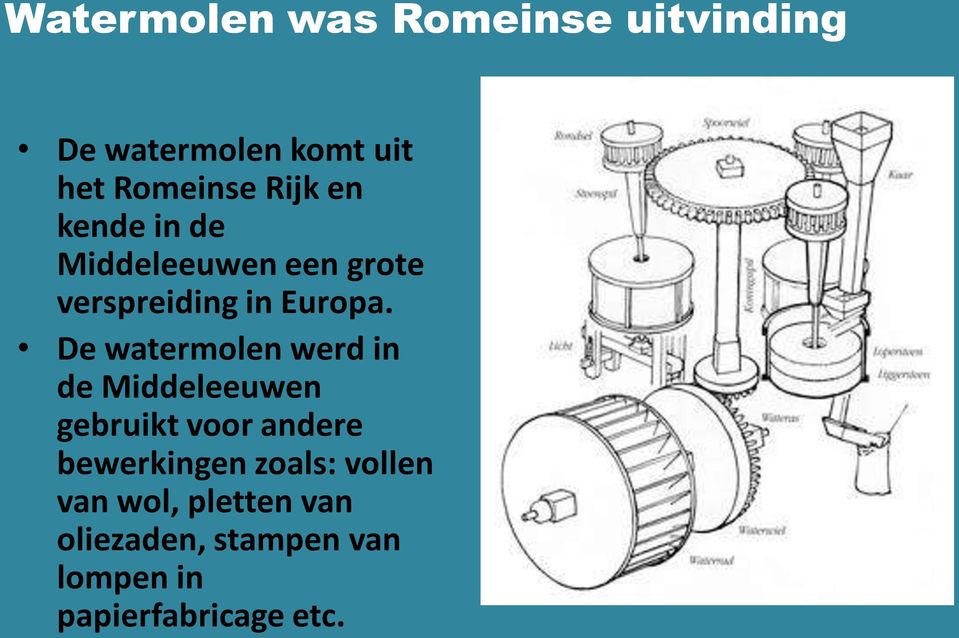 De watermolen werd in de Middeleeuwen gebruikt voor andere bewerkingen