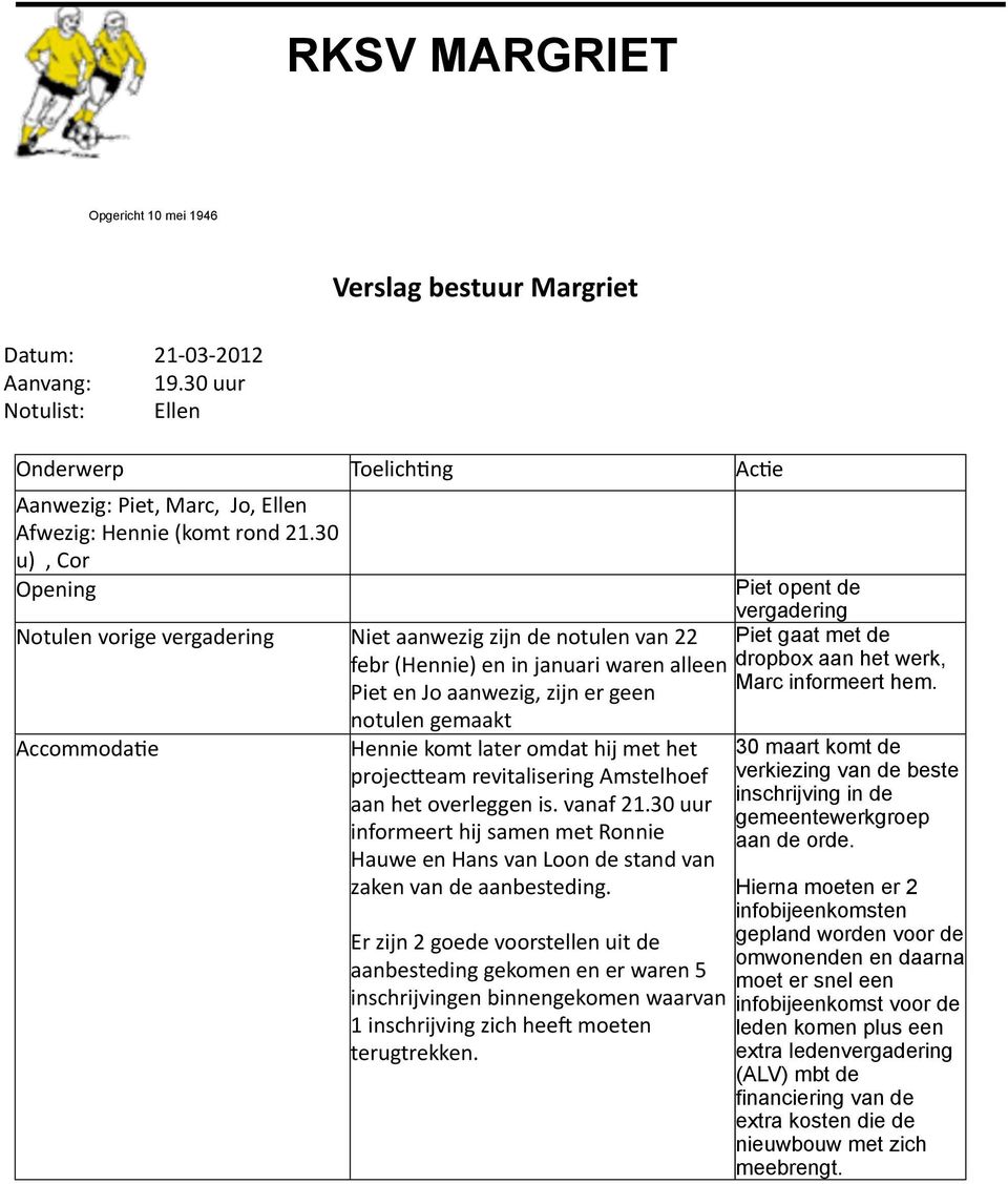 later omdat hij met het projecpeam revitalisering Amstelhoef aan het overleggen is. vanaf 21.30 uur informeert hij samen met Ronnie Hauwe en Hans van Loon de stand van zaken van de aanbesteding.