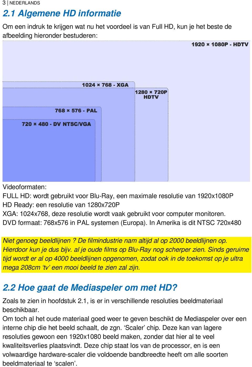 maximale resolutie van 1920x1080P HD Ready: een resolutie van 1280x720P XGA: 1024x768, deze resolutie wordt vaak gebruikt voor computer monitoren. DVD formaat: 768x576 in PAL systemen (Europa).