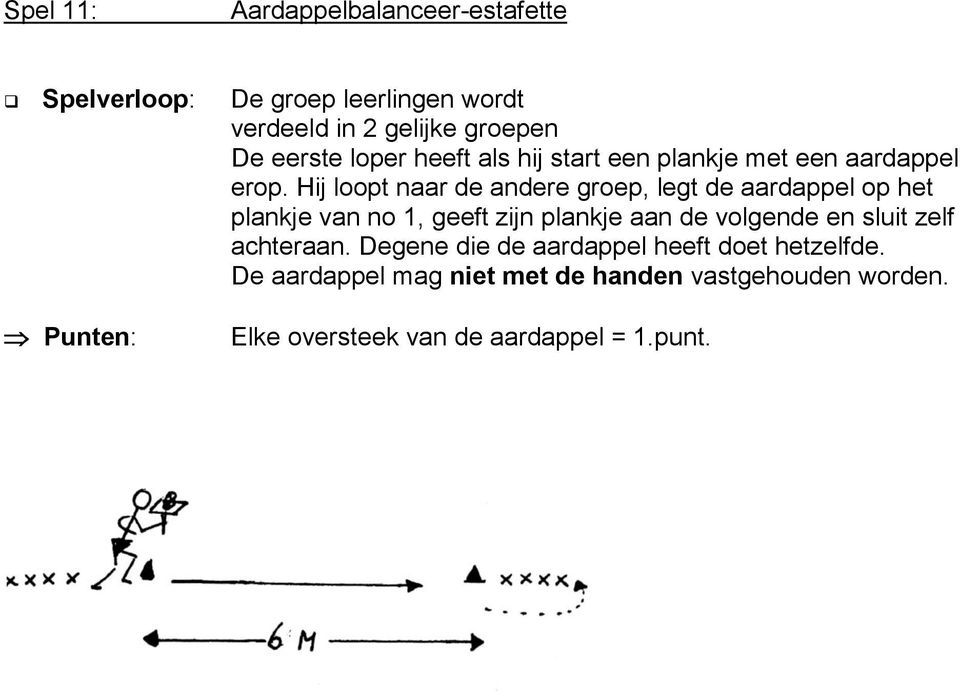 Hij loopt naar de andere groep, legt de aardappel op het plankje van no 1, geeft zijn plankje aan de volgende en