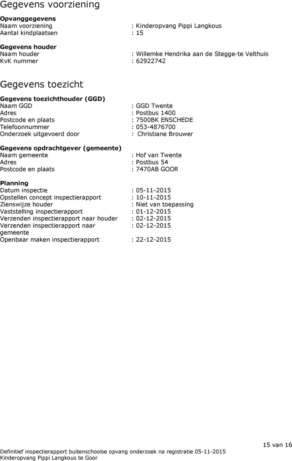 Christiane Brouwer Gegevens opdrachtgever (gemeente) Naam gemeente : Hof van Twente Adres : Postbus 54 Postcode en plaats : 7470AB GOOR Planning Datum inspectie : 05-11-2015 Opstellen concept