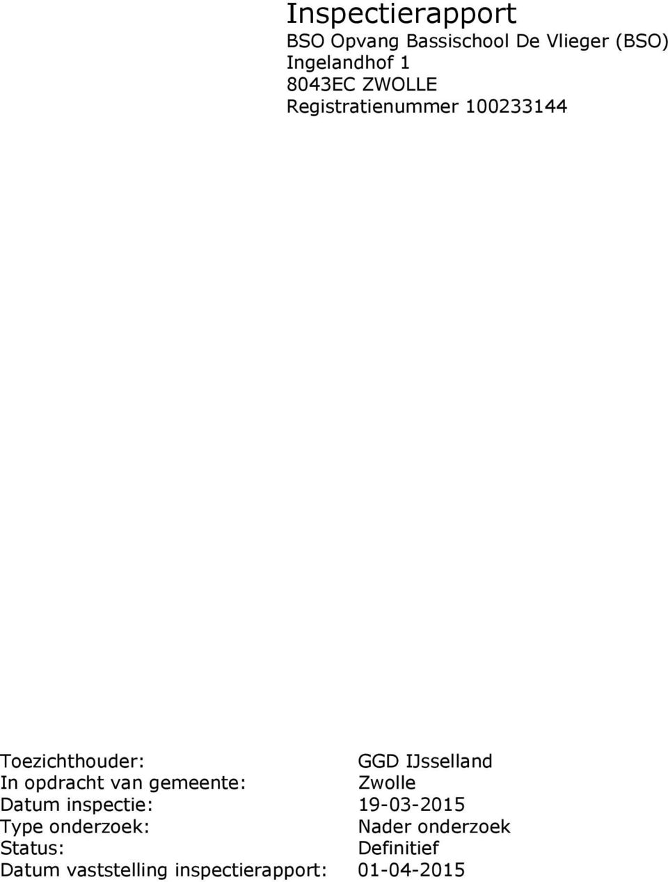 opdracht van gemeente: Zwolle Datum inspectie: 19-03-2015 Type onderzoek: