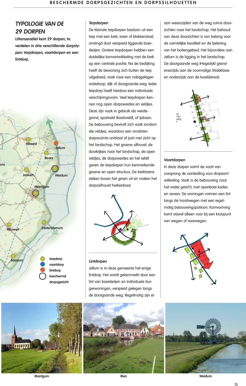 Grotere terpdorpen hebben een duidelijke komontwikkeling met de kerk op een centrale positie. Na de bedijking aan weerszijden van de weg ruime doorzichten naar het landschap.