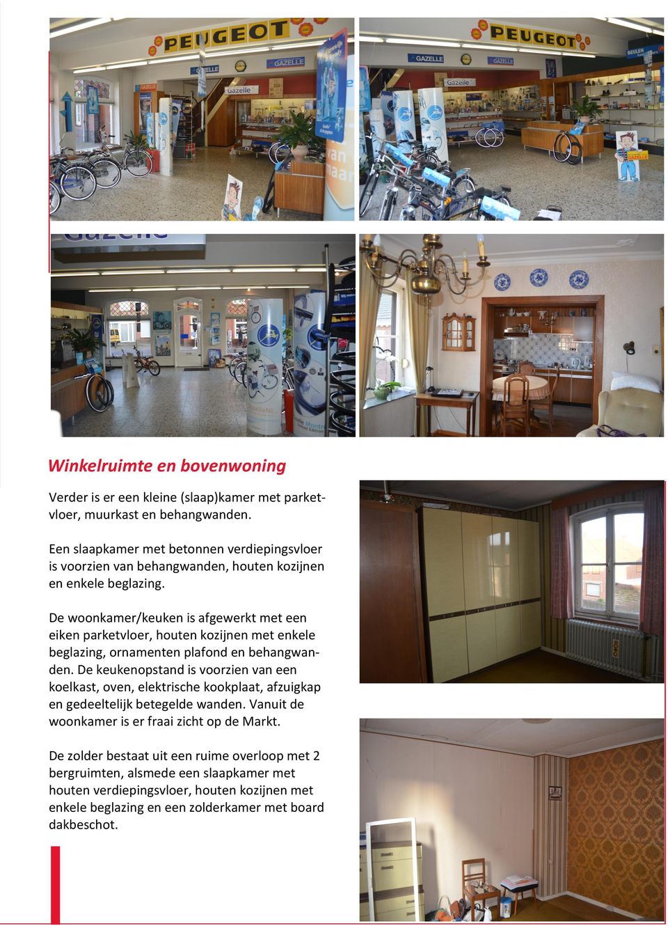 De woonkamer/keuken is afgewerkt met een eiken parketvloer, houten kozijnen met enkele beglazing, ornamenten plafond en behangwanden.